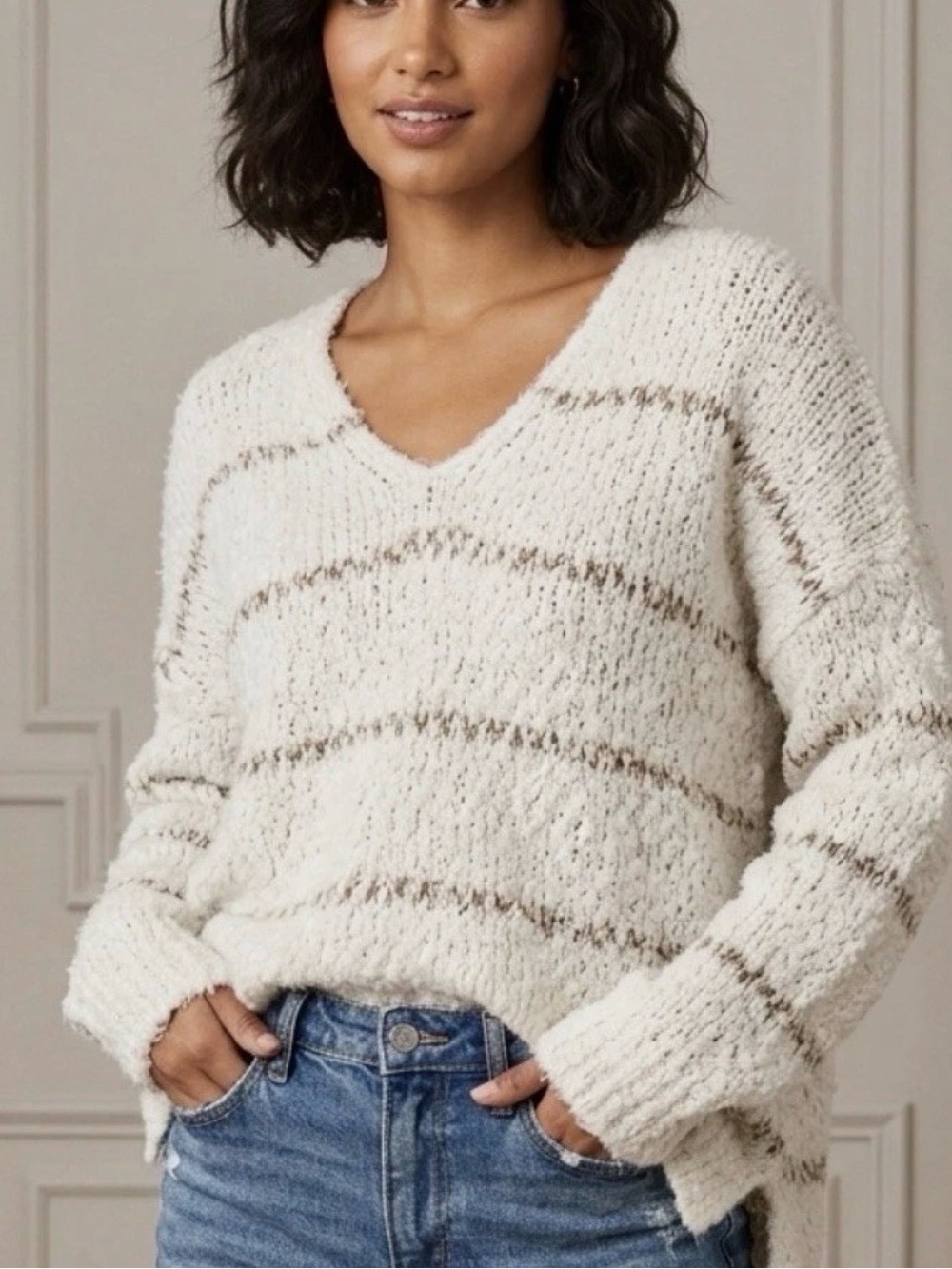 Altard State Oversized Loose Knit Pullover Sweater Eyelash Stripe Cream Sz L/XL